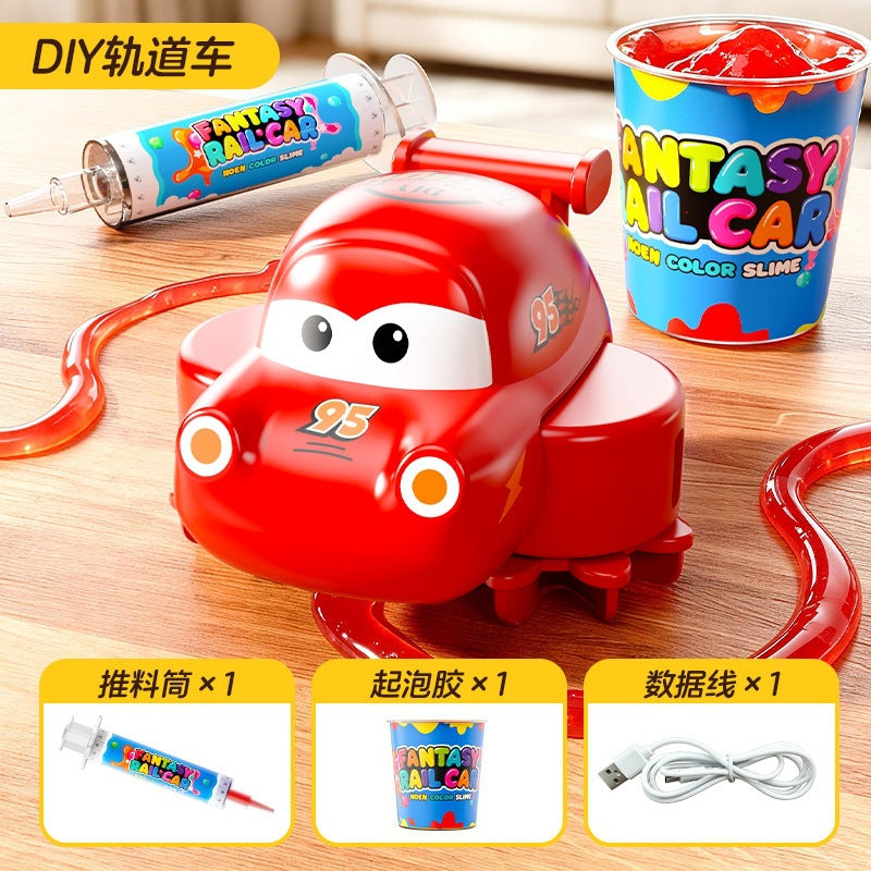 DIY Slime Track Car Toy Rechargeable Electric Race Car with Crystal Slime Draw Your Own Track Educational Sensory Toy for Kids 3+