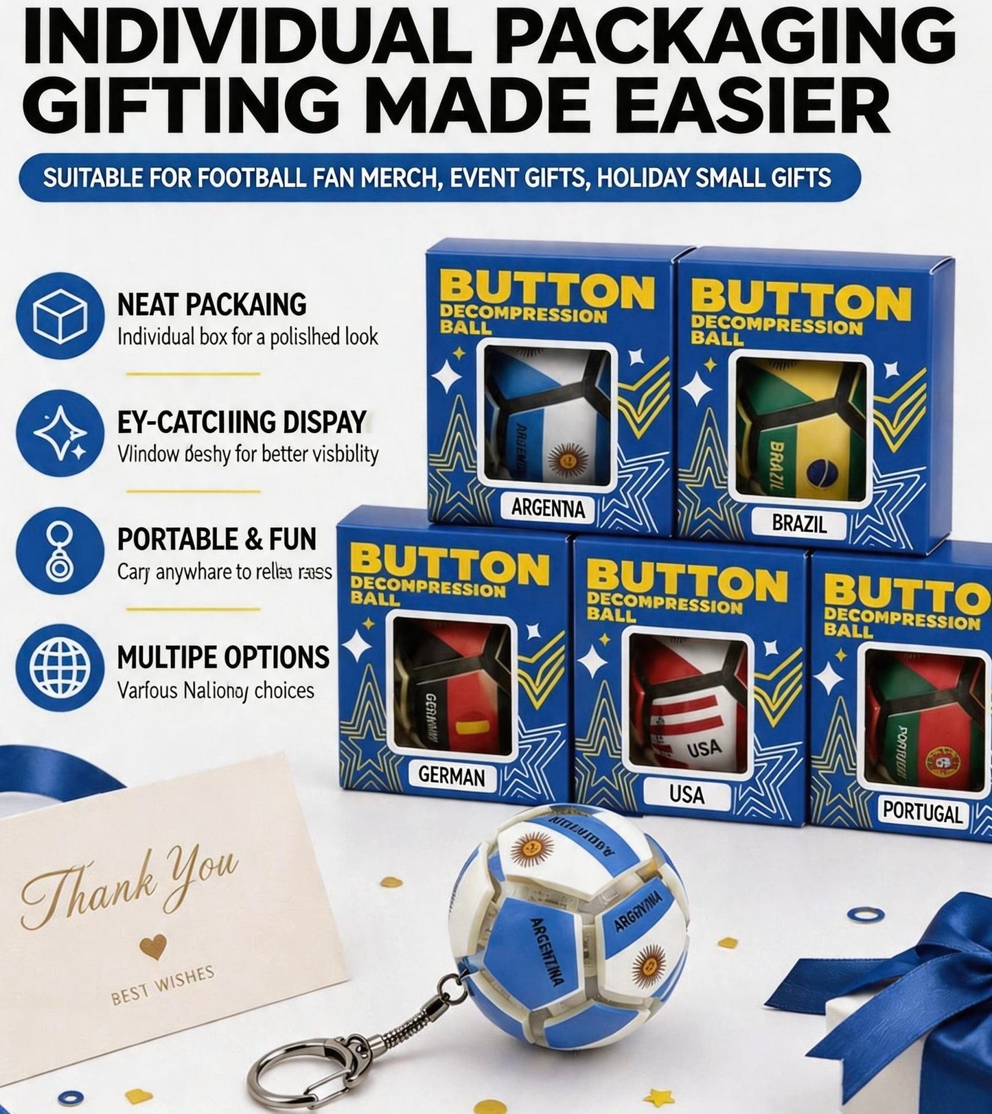 ENJOYSTAR 2026 Football Fan Merchandise Gift - Press-to-Unlock Soccer Football Keychain Flag Customization