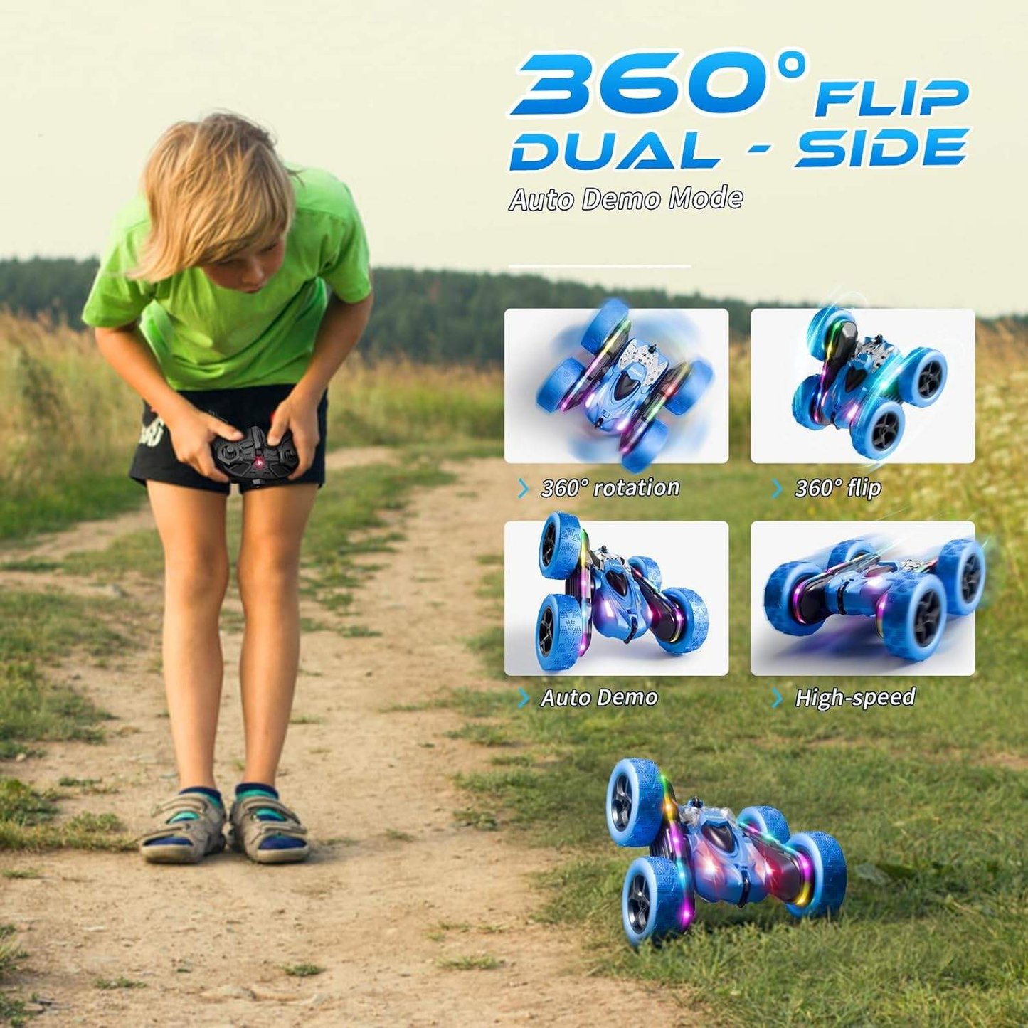 4WD 360 Flip RC Stunt Car Double-sided Driving Bright Headlight & 2.4G Stable Control Perfect Kids Racing Toy Gift