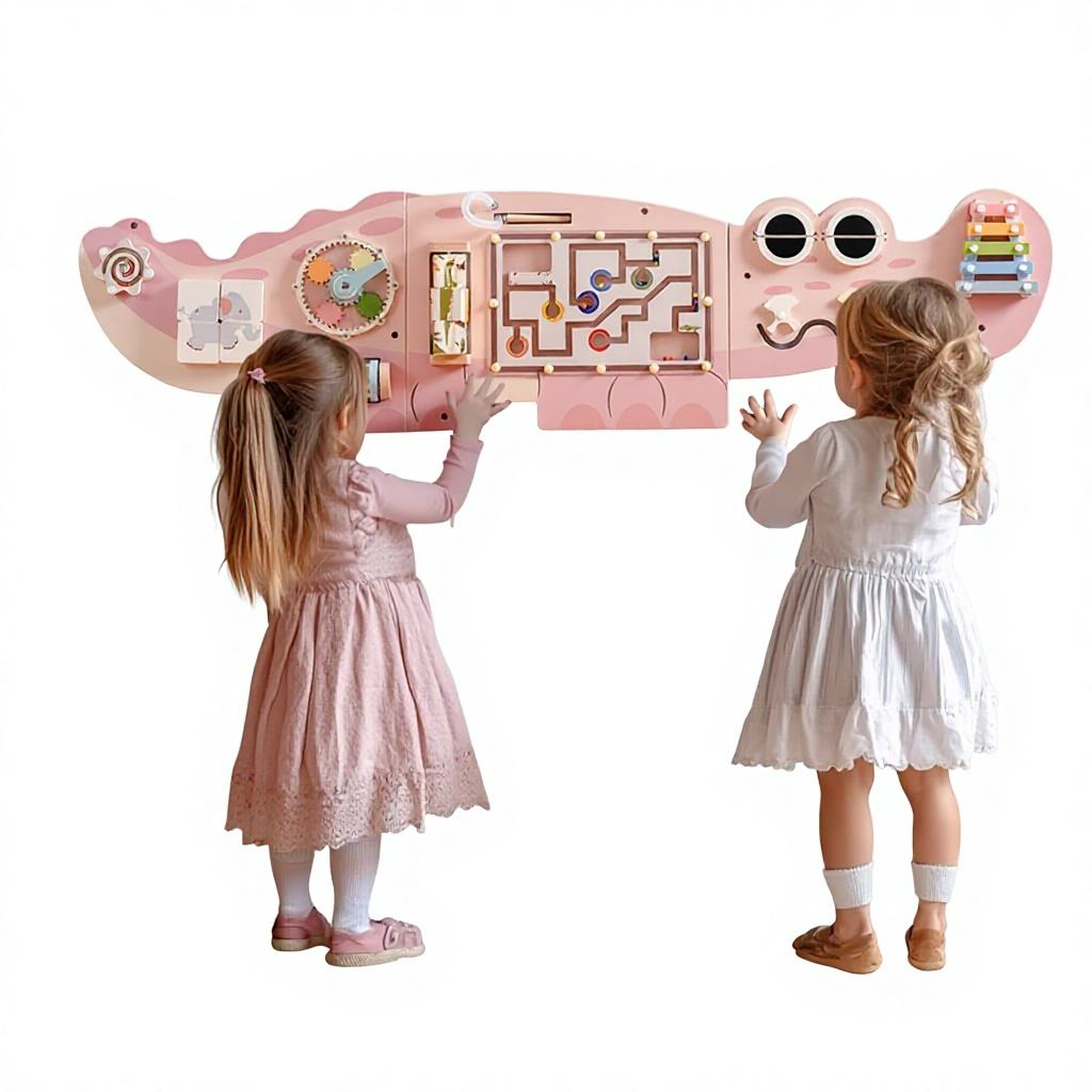 8-in-1 Crocodile Wall Busy Board Montessori Wooden Activity Panel Fine Motor Skills Toy for Toddlers & Kids