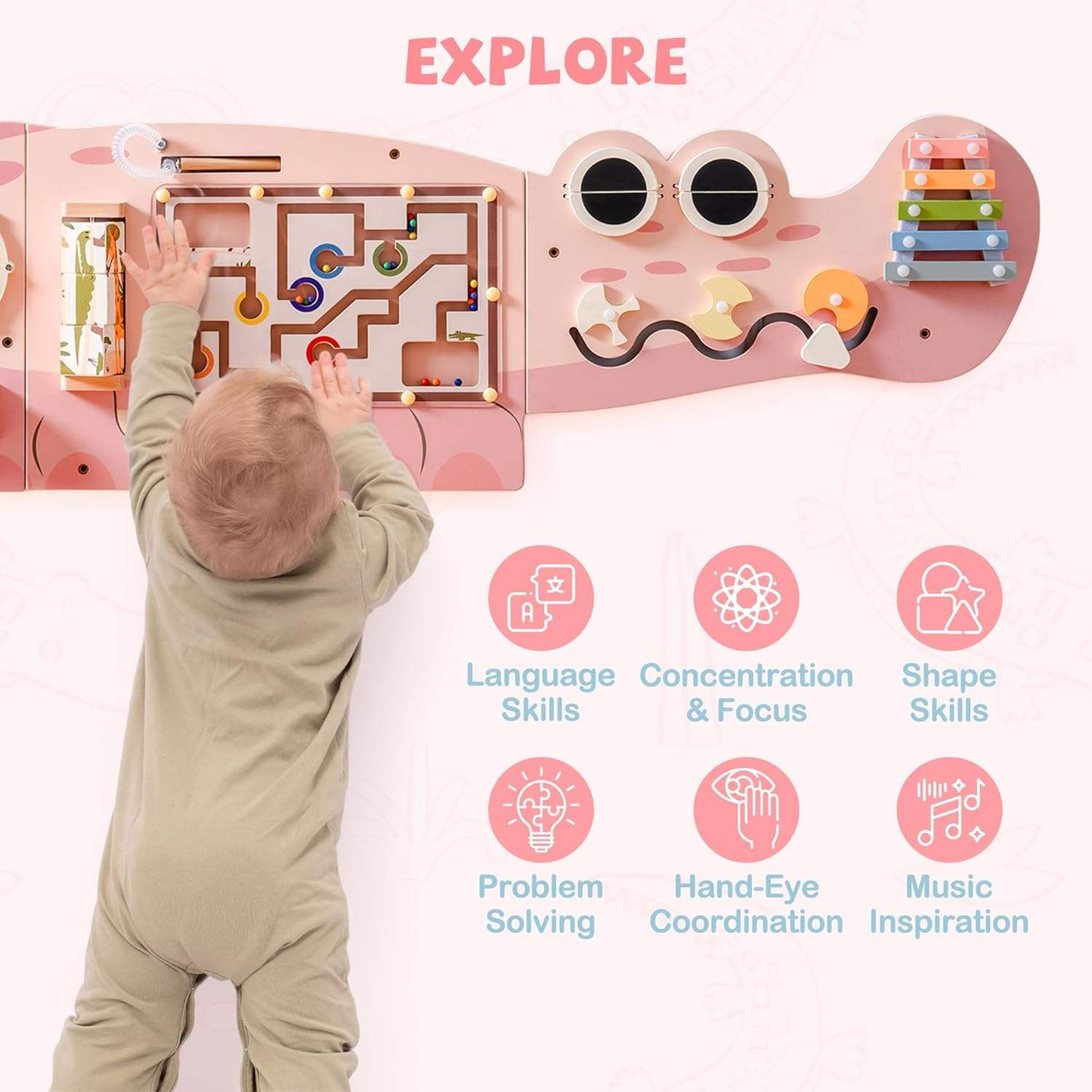 8-in-1 Crocodile Wall Busy Board Montessori Wooden Activity Panel Fine Motor Skills Toy for Toddlers & Kids