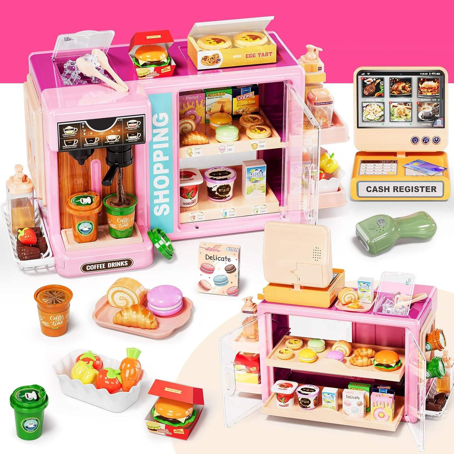 Kids Grocery Store Play Set Simulation Supermarket Role Play Toy with Cash Register & Food Accessories