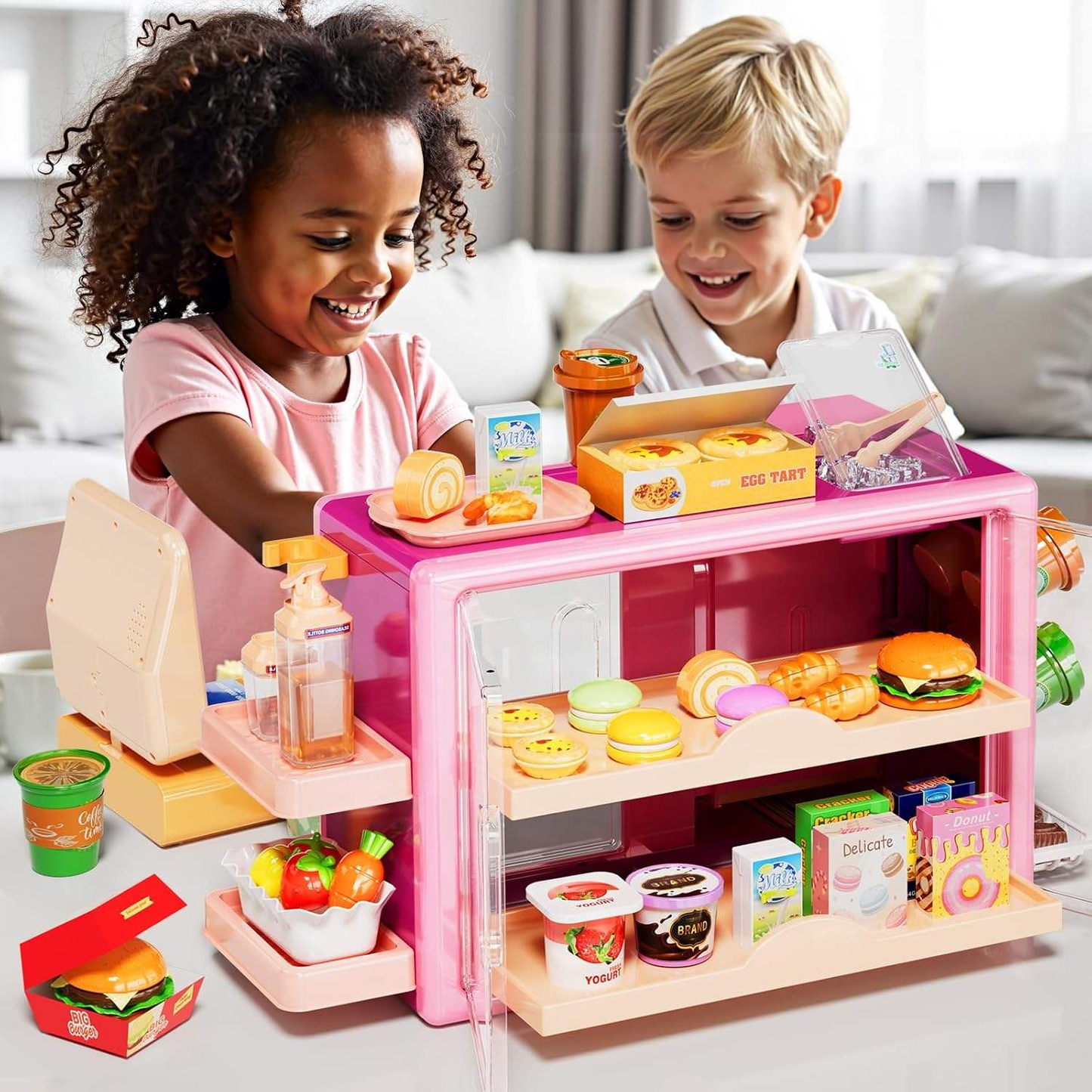 Kids Grocery Store Play Set Simulation Supermarket Role Play Toy with Cash Register & Food Accessories