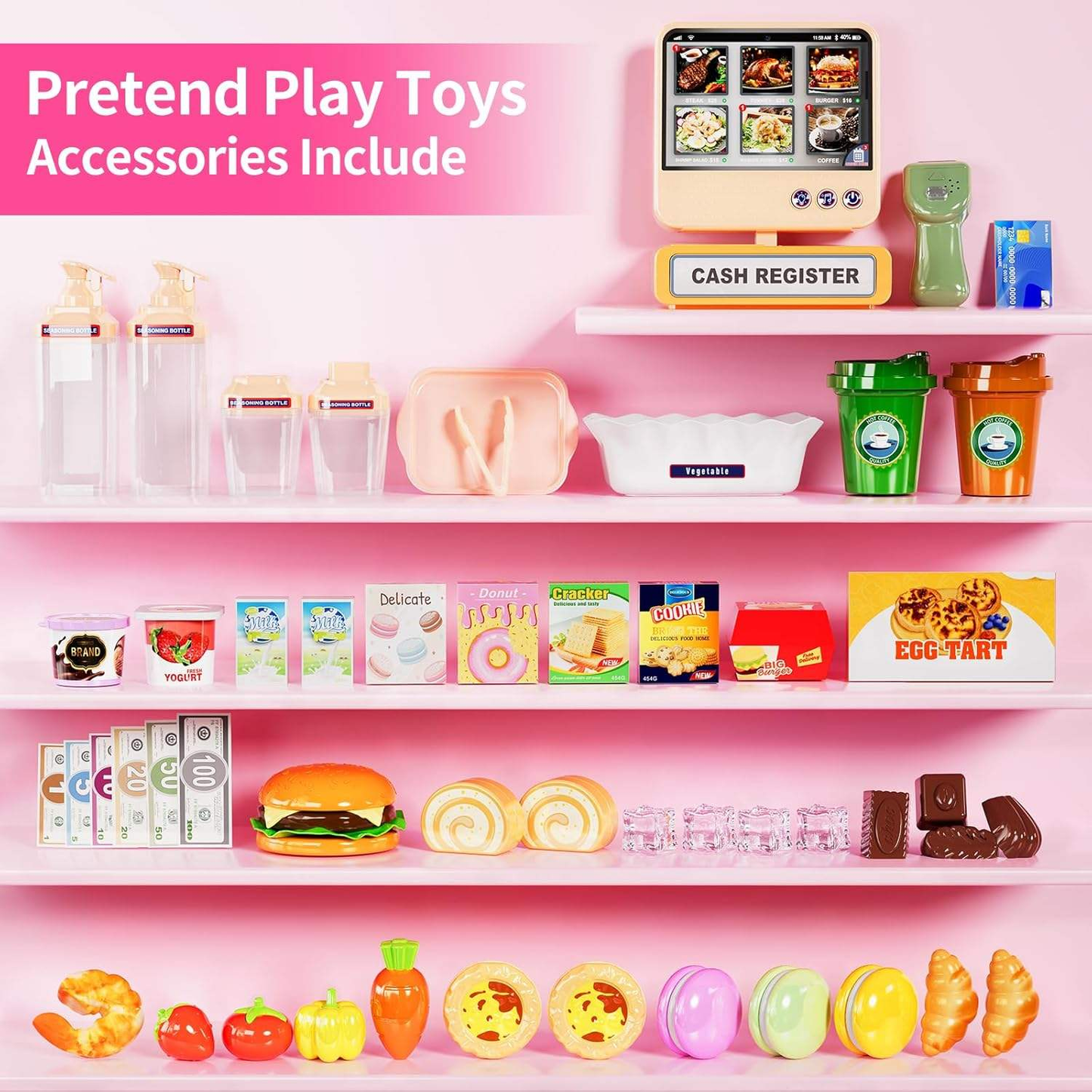 Kids Grocery Store Play Set Simulation Supermarket Role Play Toy with Cash Register & Food Accessories
