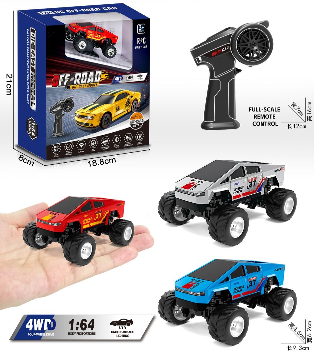 1:64 Alloy High Speed Mini RC Off-Road Car Pocket Remote Control Truck Toy