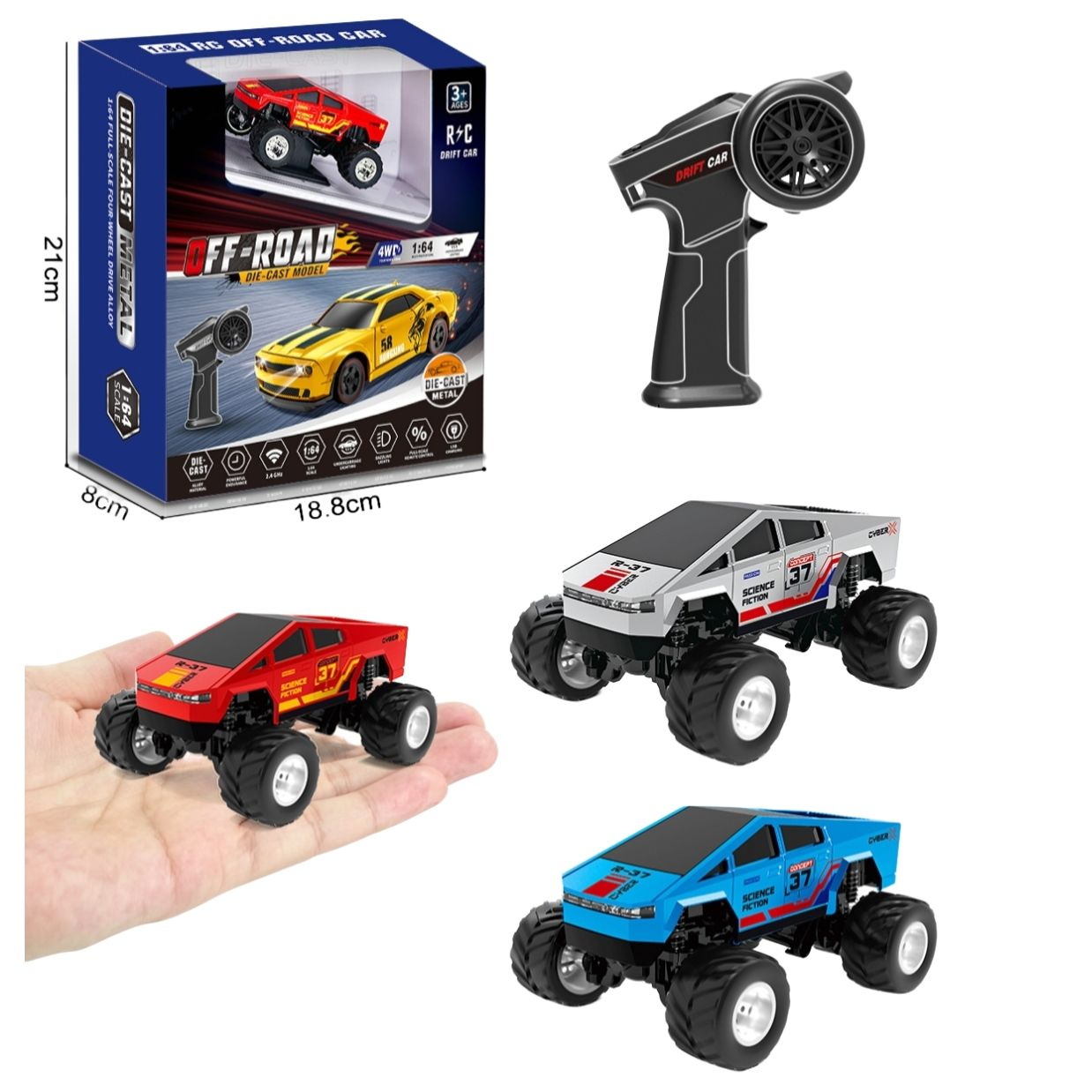 1:64 Alloy High Speed Mini RC Off-Road Car Pocket Remote Control Truck Toy