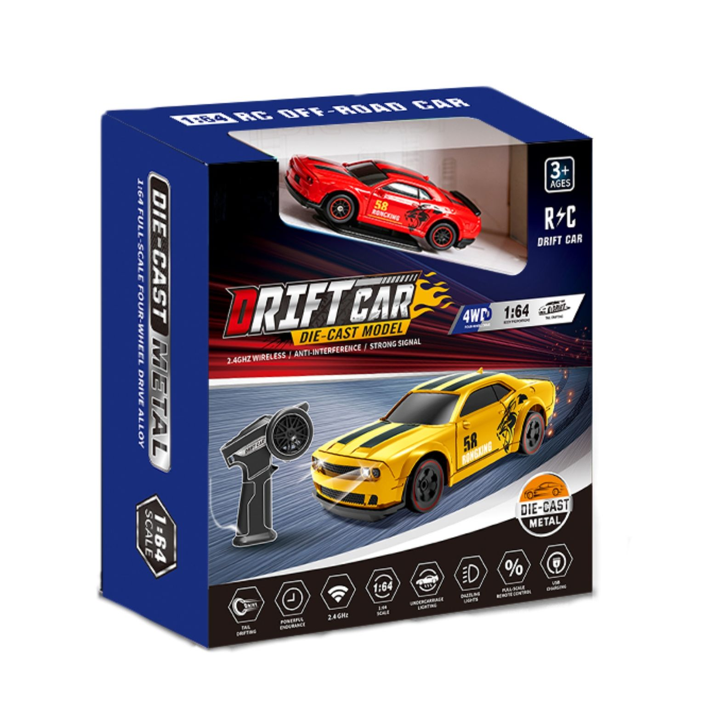 1:64 Scale Metal RC Drift Car Mini Alloy Remote Control Racing Sports Car