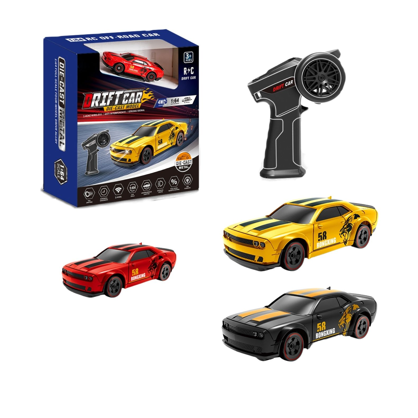 1:64 Scale Metal RC Drift Car Mini Alloy Remote Control Racing Sports Car
