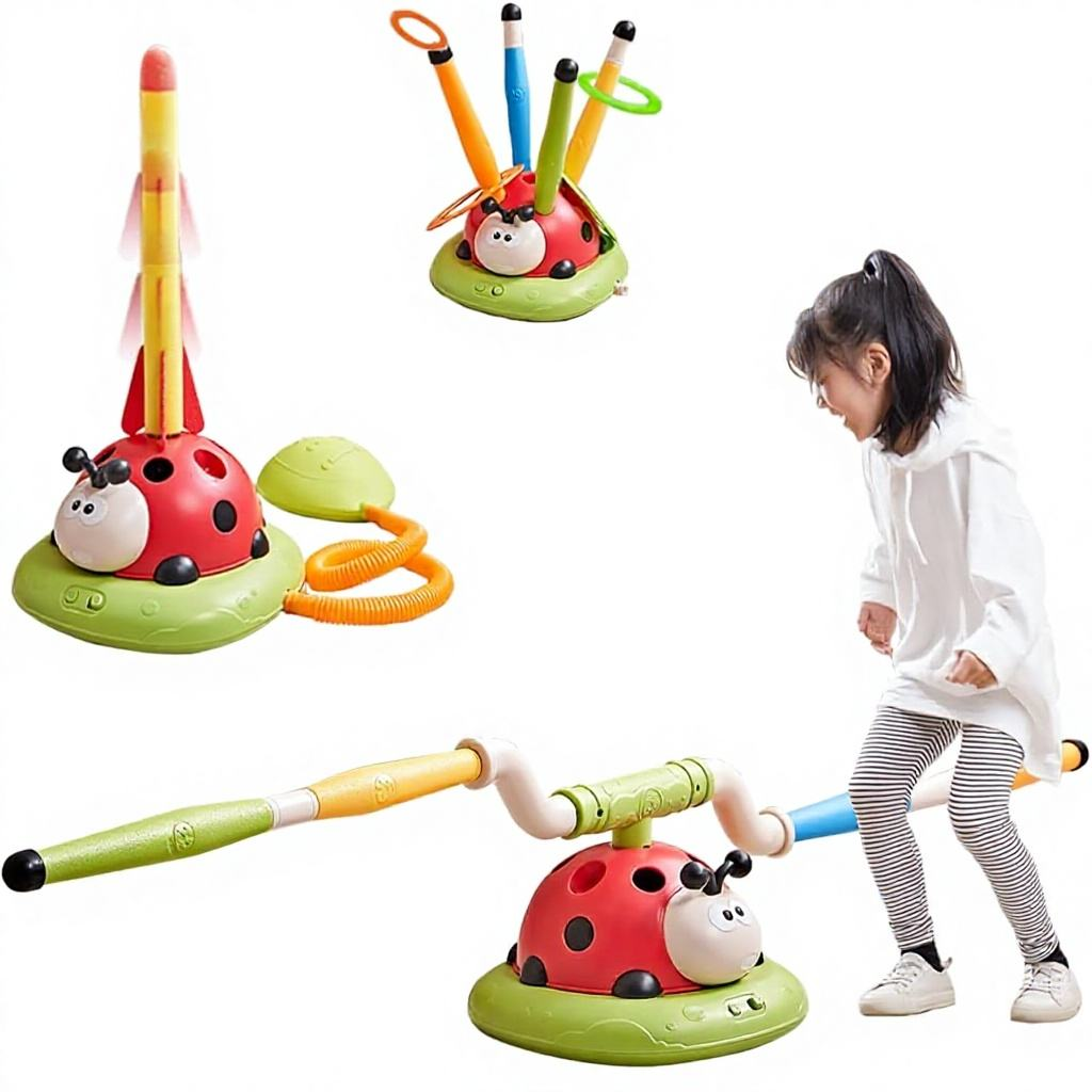 3 in 1 Musical Ladybug Jump Toss Ring Rocket Launcher Toy with Remote Indoor Outdoor Active Sports Game for Kids Ages 3-8