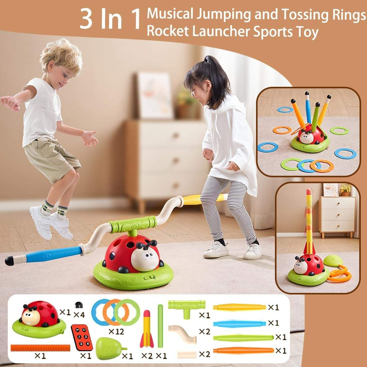 3 in 1 Musical Ladybug Jump Toss Ring Rocket Launcher Toy with Remote Indoor Outdoor Active Sports Game for Kids Ages 3-8