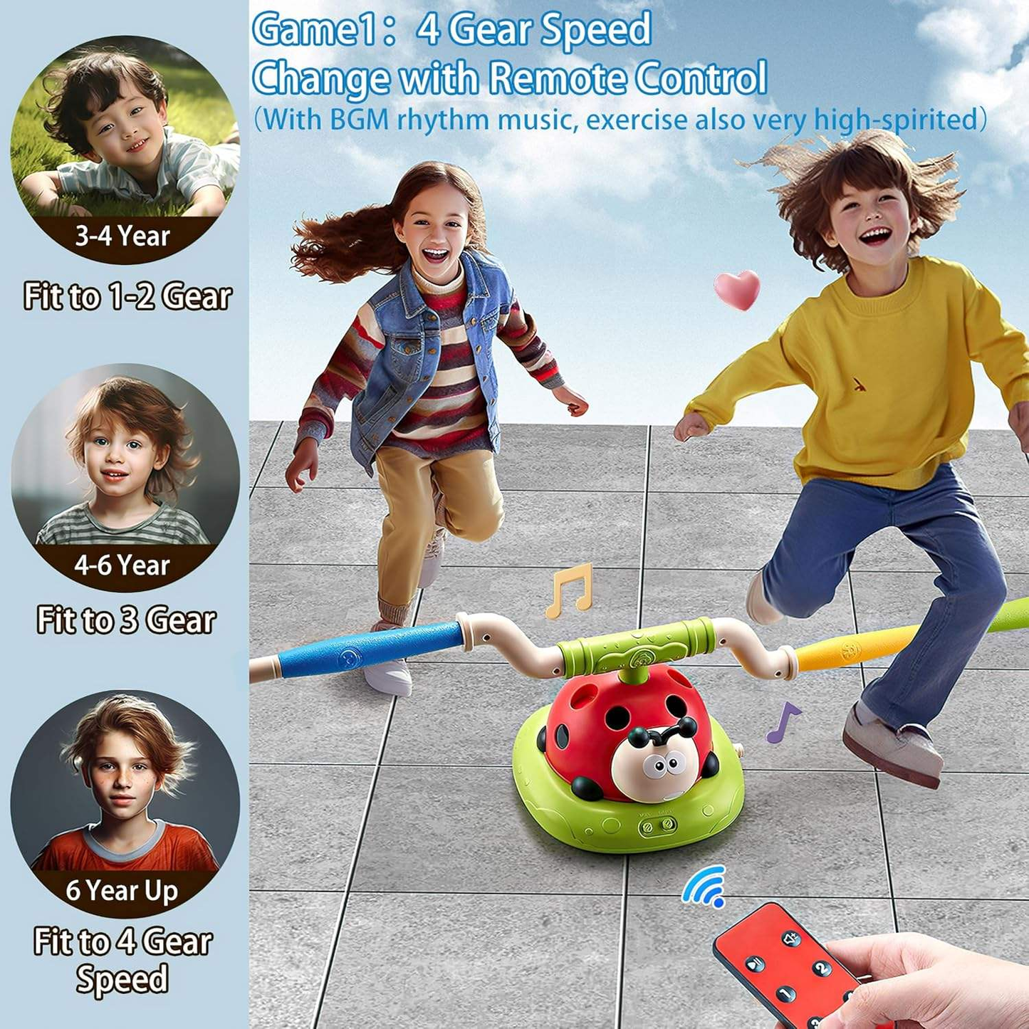 3 in 1 Musical Ladybug Jump Toss Ring Rocket Launcher Toy with Remote Indoor Outdoor Active Sports Game for Kids Ages 3-8