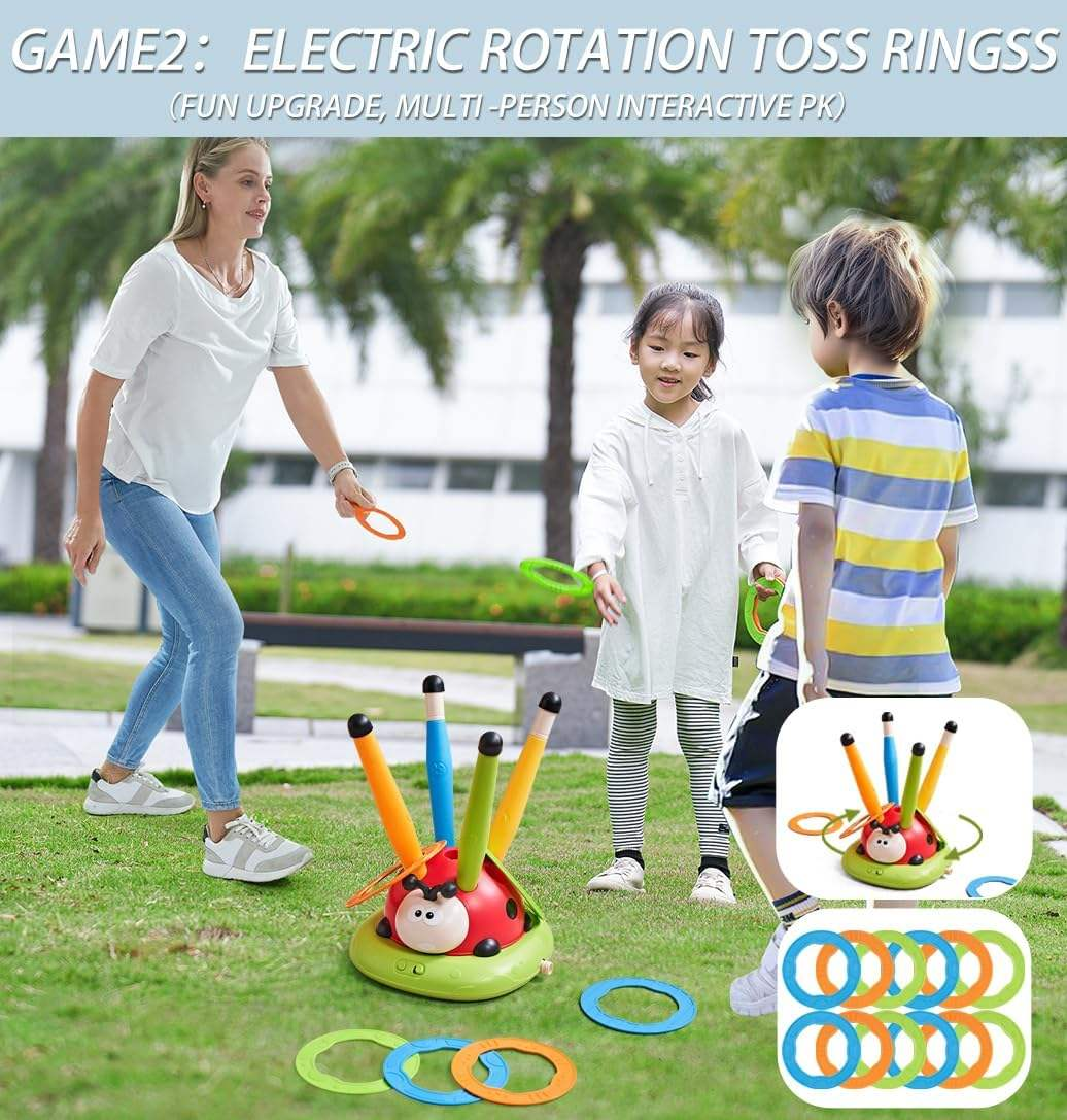 3 in 1 Musical Ladybug Jump Toss Ring Rocket Launcher Toy with Remote Indoor Outdoor Active Sports Game for Kids Ages 3-8