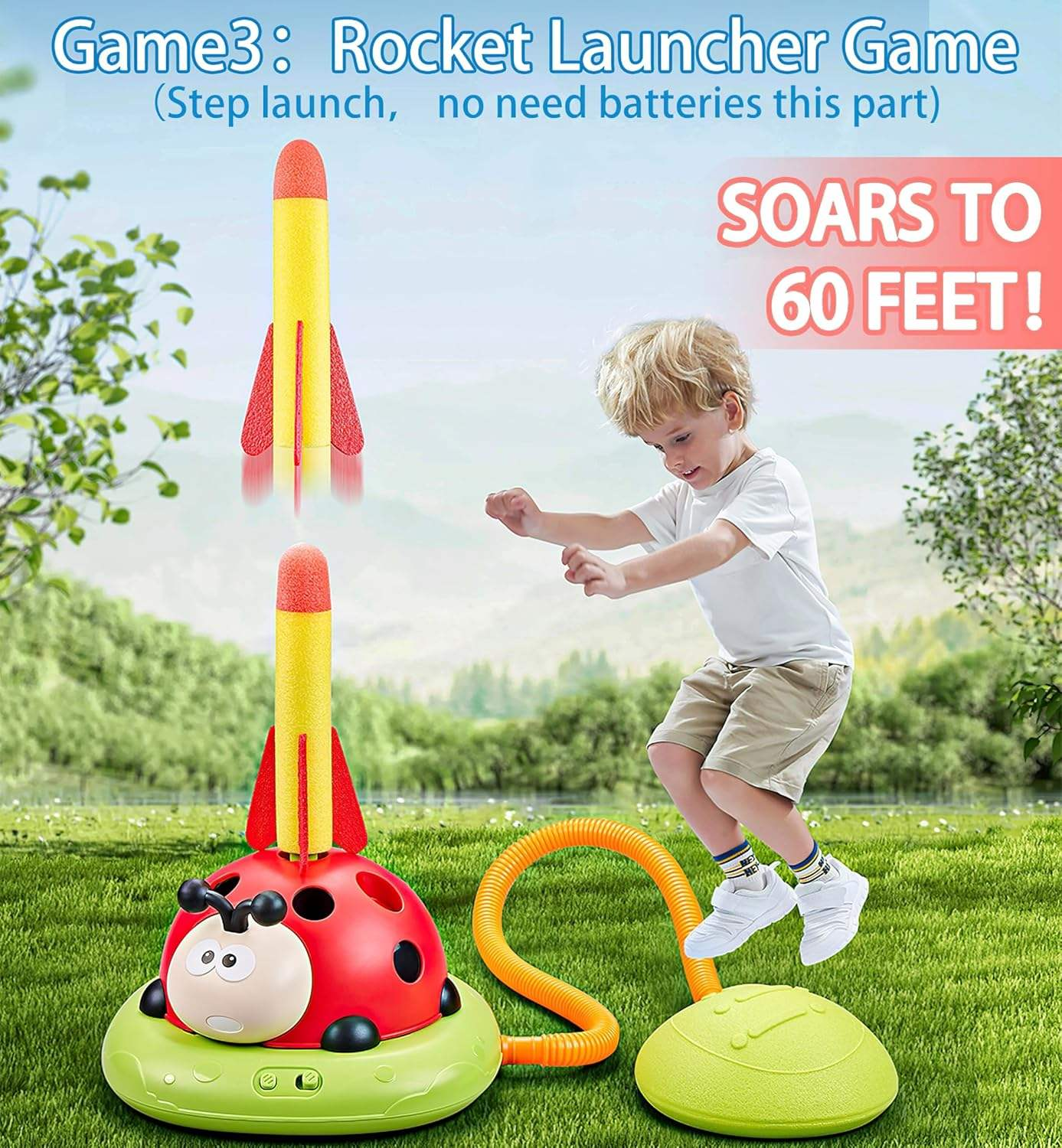 3 in 1 Musical Ladybug Jump Toss Ring Rocket Launcher Toy with Remote Indoor Outdoor Active Sports Game for Kids Ages 3-8