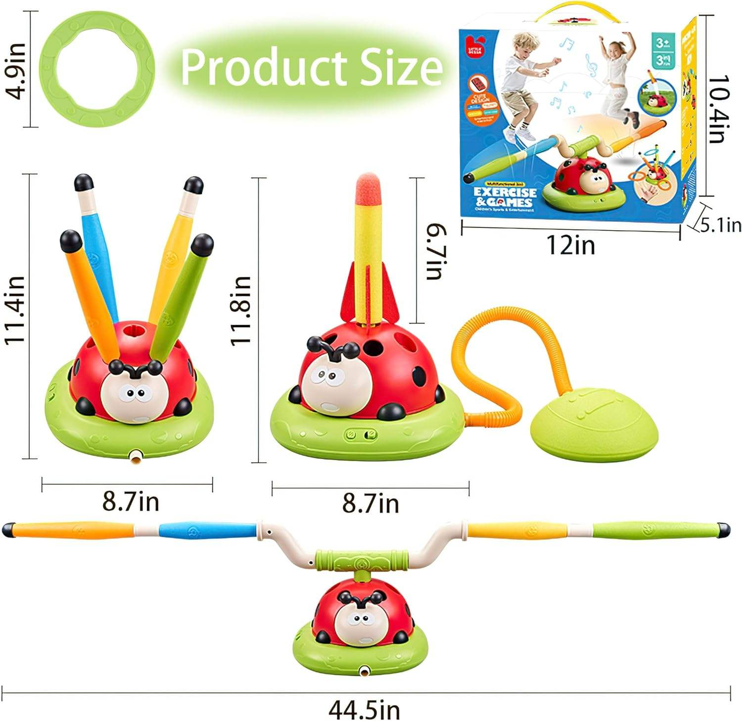 3 in 1 Musical Ladybug Jump Toss Ring Rocket Launcher Toy with Remote Indoor Outdoor Active Sports Game for Kids Ages 3-8