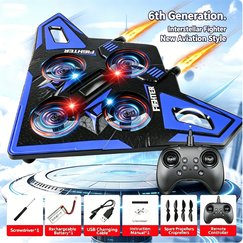 6th Gen RC Foam Fighter Jet Drone One Key Hover LED Light Remote Control Plane
