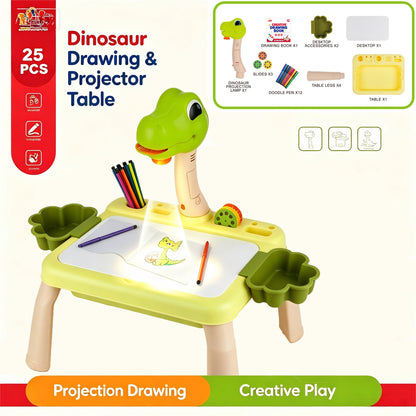 Kids Dinosaur Projector Drawing Table, LED Light & Music Art Painting Desk Set for Toddlers