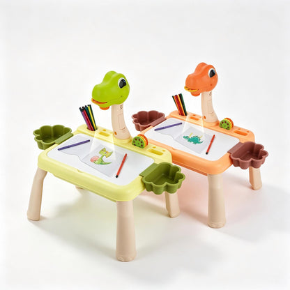 Kids Dinosaur Projector Drawing Table, LED Light & Music Art Painting Desk Set for Toddlers