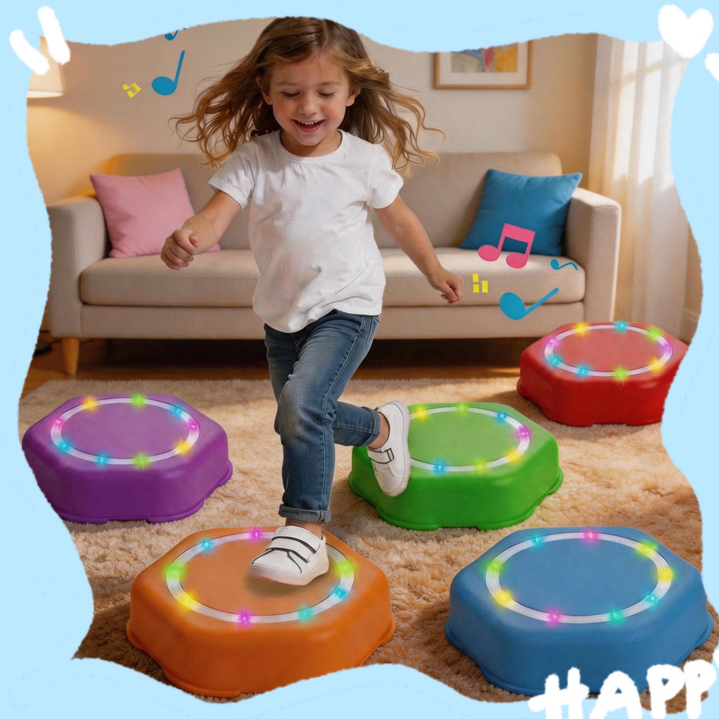 Rechargeable Stepping Stones Kids 5pcs Music Light Non-Slip Balance Sensory Toys Toddler Indoor Outdoor Birthday Gift 2-5+ Years