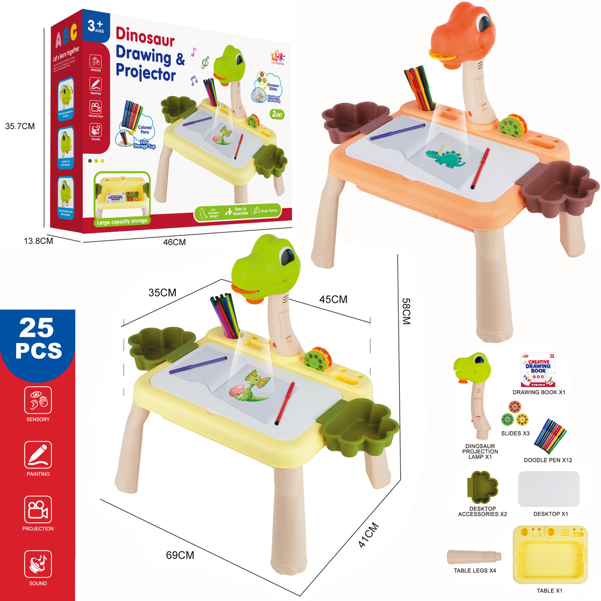 Kids Dinosaur Projector Drawing Table, LED Light & Music Art Painting Desk Set for Toddlers