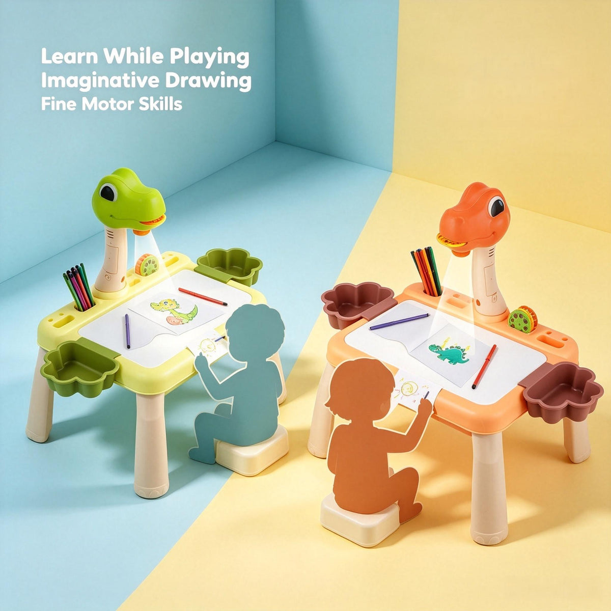 Kids Dinosaur Projector Drawing Table, LED Light & Music Art Painting Desk Set for Toddlers