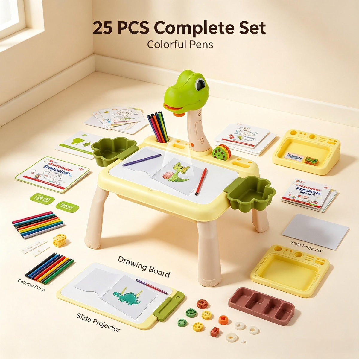 Kids Dinosaur Projector Drawing Table, LED Light & Music Art Painting Desk Set for Toddlers