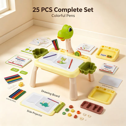 Kids Dinosaur Projector Drawing Table, LED Light & Music Art Painting Desk Set for Toddlers