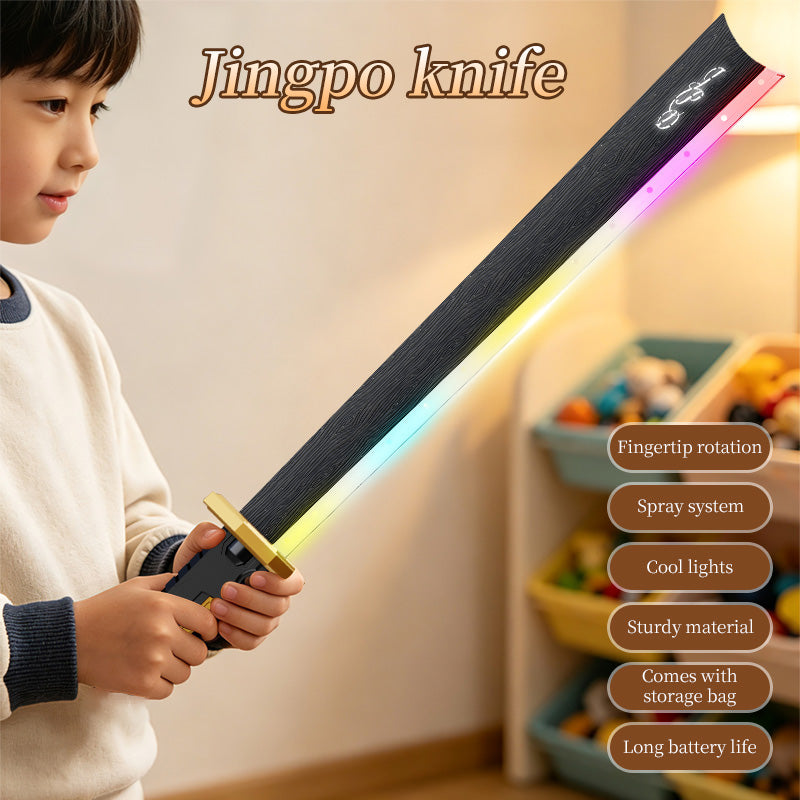 RGB Light Spray Jingpo Knife Toy Rechargeable Fingertip Rotation Decompression Toy Sword Stress Relief Cosplay Prop for Kids & Collectors
