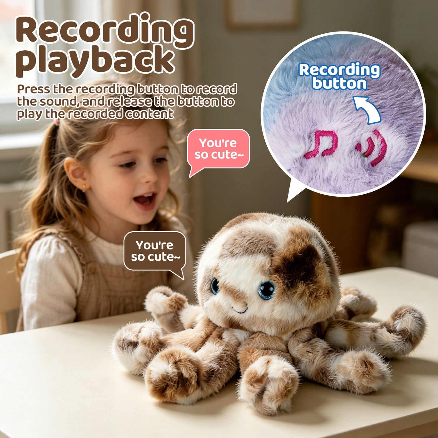 Electric Rotatable Plush Octopus Toy Voice Recording & Singing Stuffed Doll for Kids