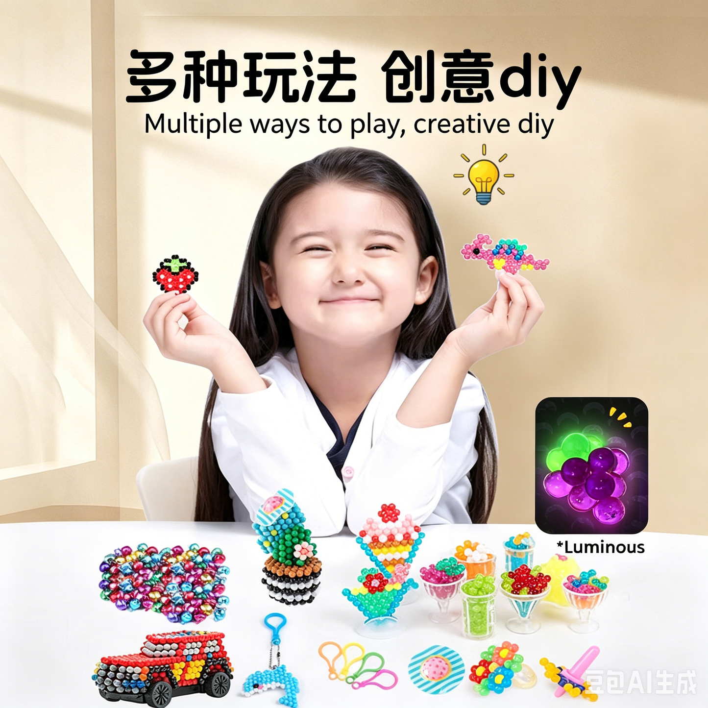 EnjoyStar Children's DIY Toy Water Mist Magic Bead Set Plastic Water-soluble Beads Percussion 3D Puzzle Keychain Pendant Ring