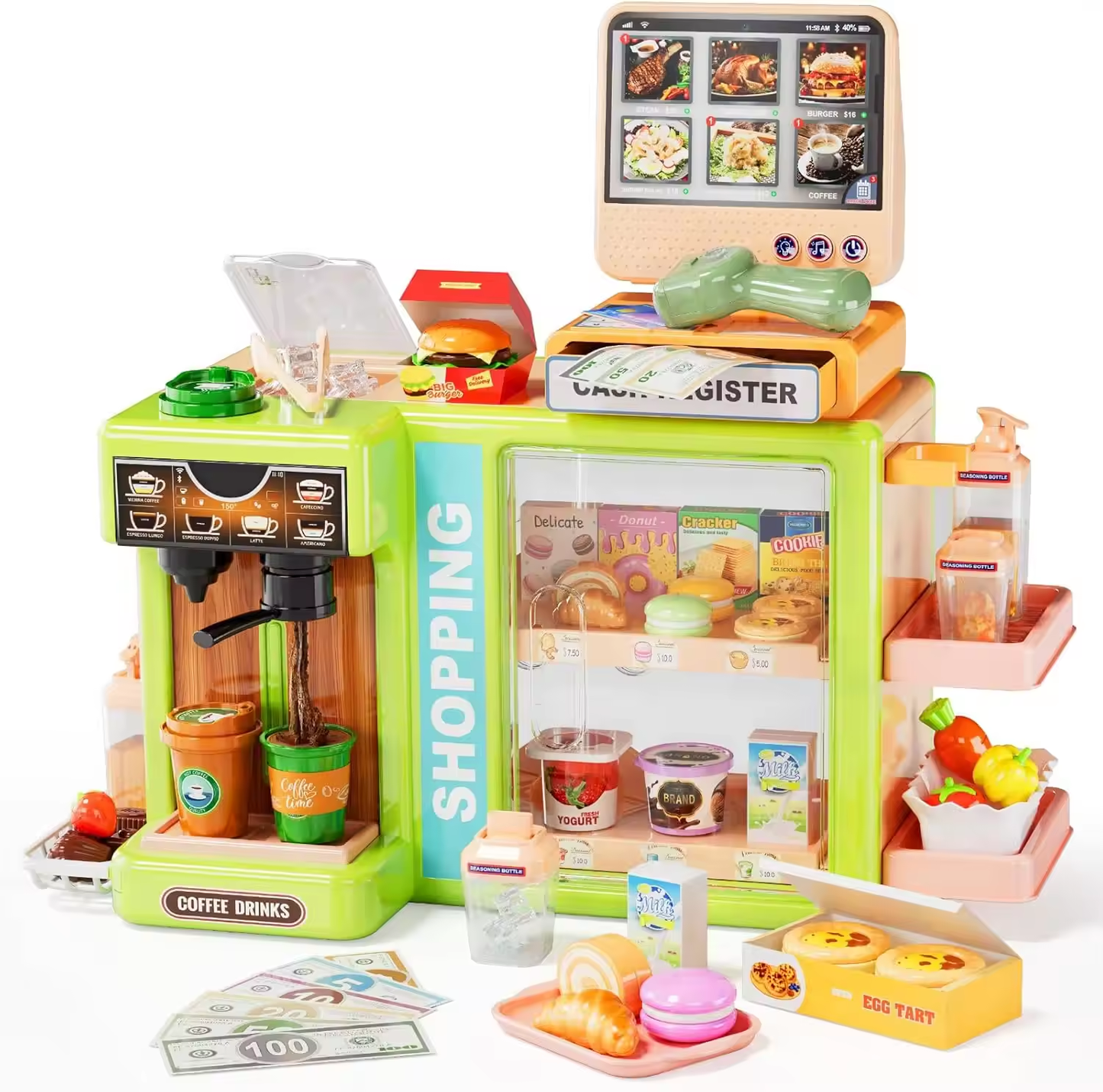Kids Grocery Store Play Set Simulation Supermarket Role Play Toy with Cash Register & Food Accessories
