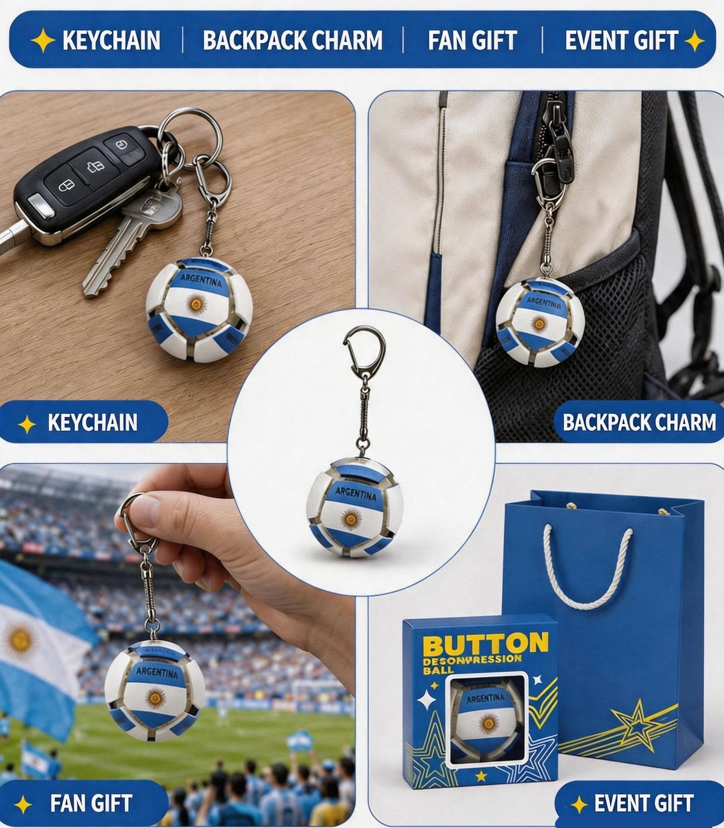 ENJOYSTAR 2026 Football Fan Merchandise Gift - Press-to-Unlock Soccer Football Keychain Flag Customization