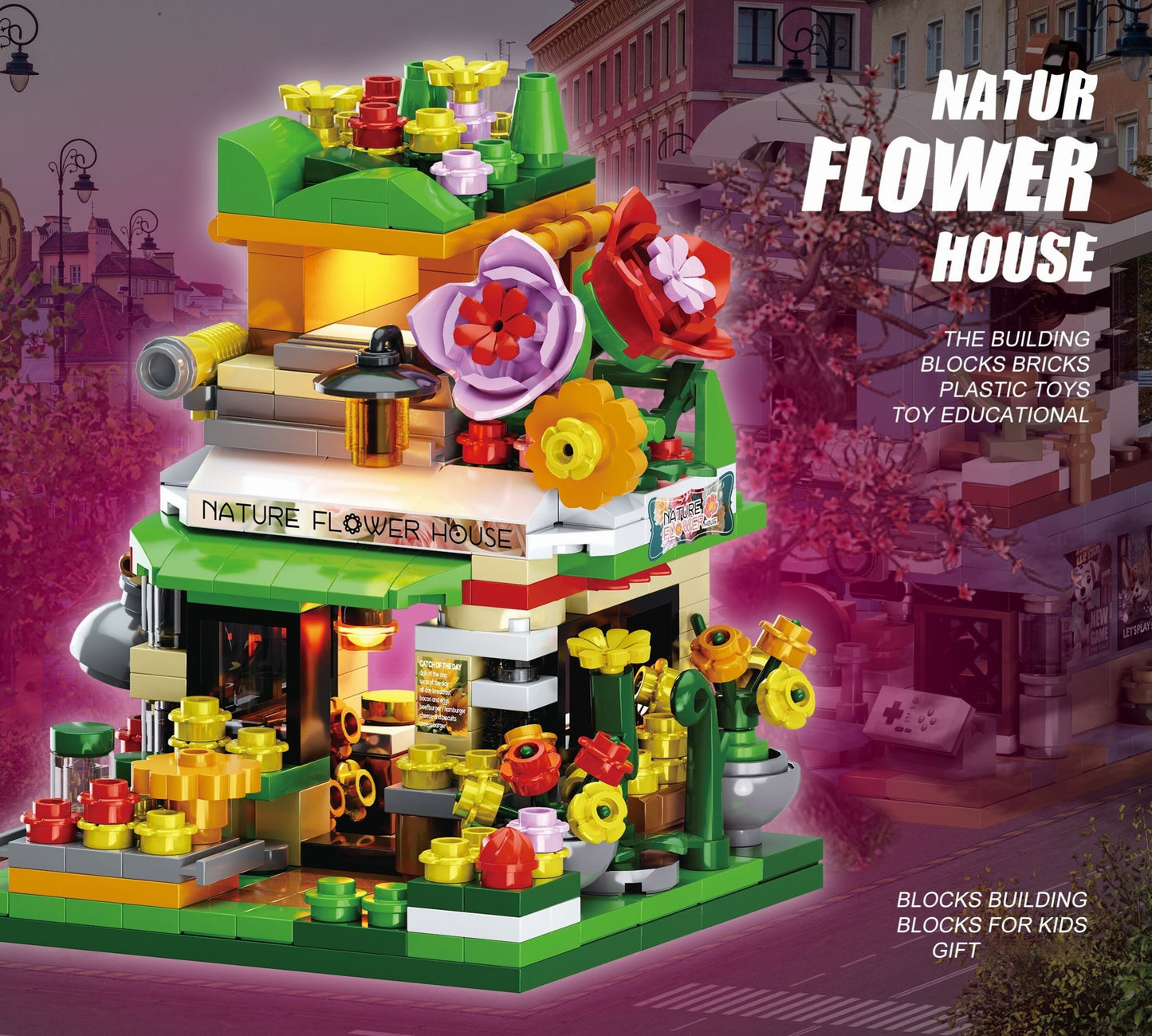 Building Block Street Scene with Natural Flower Imitation 405 PCS Plastic Material Unisex for Kids 4-12 Years Old Birthday Gift