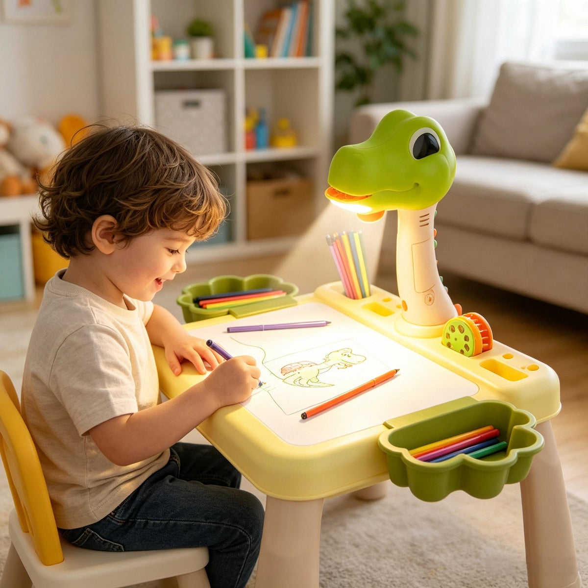 Kids Dinosaur Projector Drawing Table, LED Light & Music Art Painting Desk Set for Toddlers