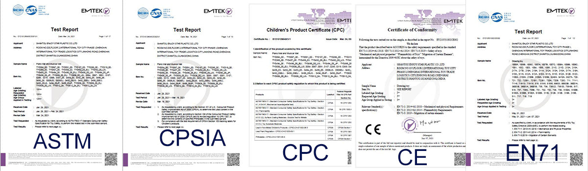 Toy safety certificates and quality testing documents